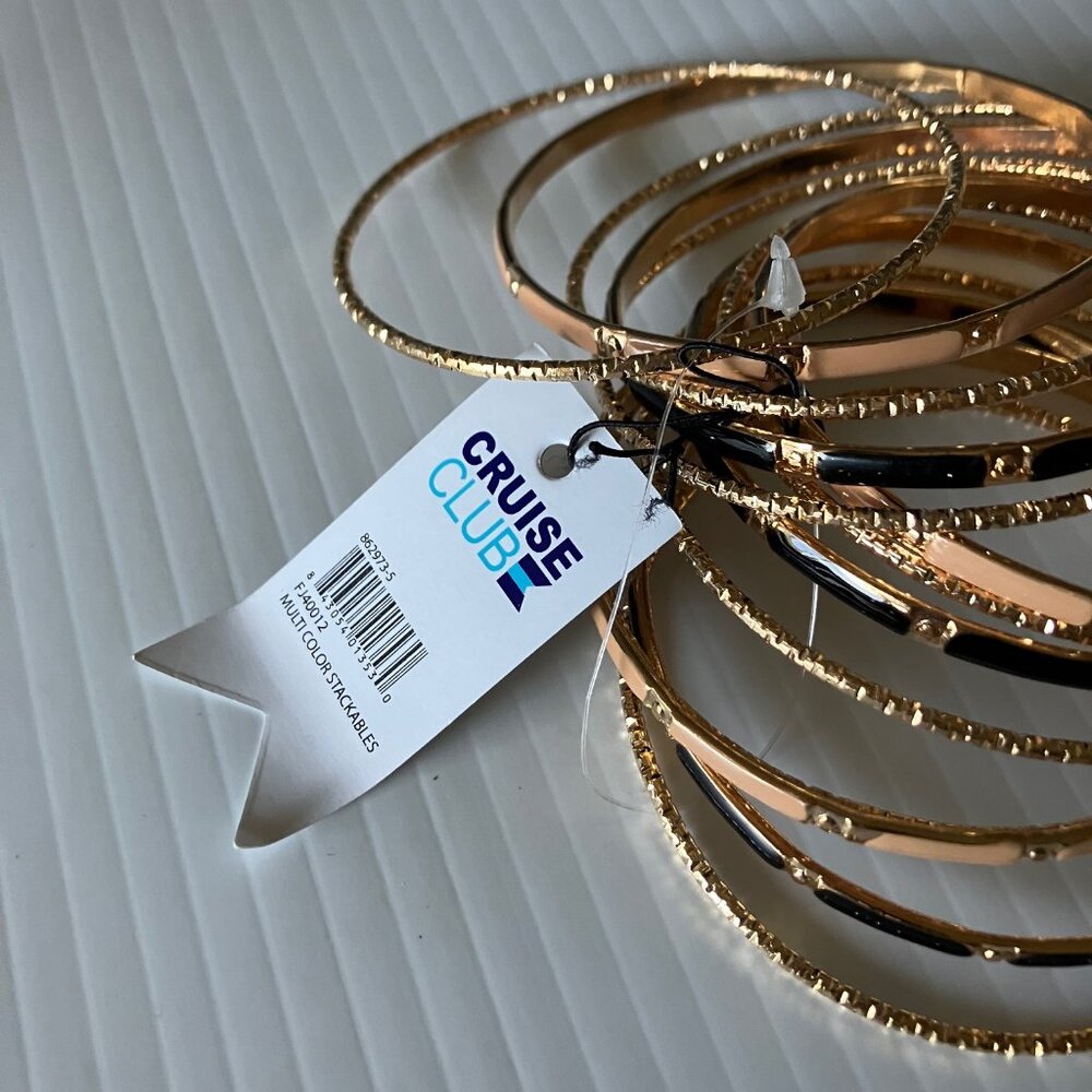 Cruise Club Bangle Bracelets 13 Piece Set - Gold, Black and Peach Toned - NWT